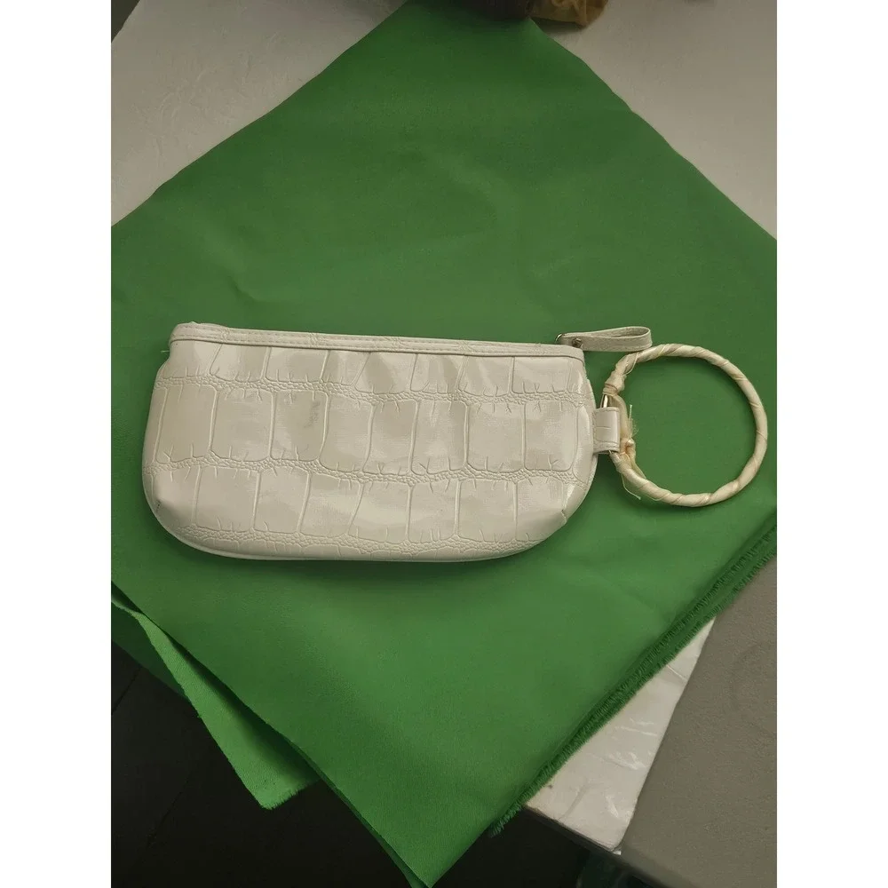 Ivory White Lace Ruffle Croc Embossed Wristlet Hoop Handle Evening Clutch Bag